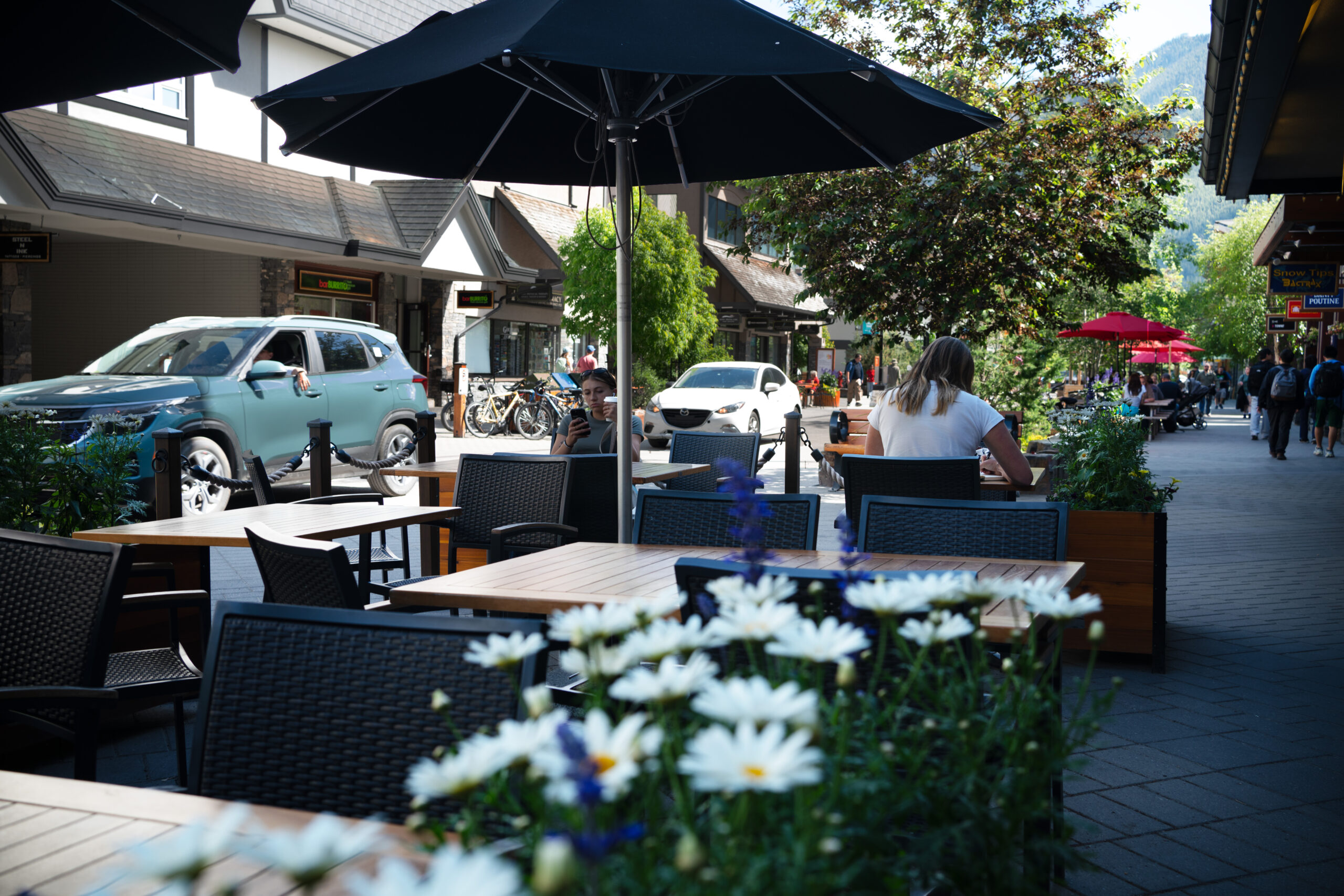 Downtown Sally Patio with white flowers and cars passing